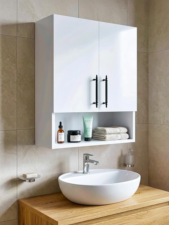 2 Kapaklı Banyo Dolabı, Çok Amaçlı Dolap, Banyo Ecza Dolabı,Beyaz, AsudeHome, 70x55x18 cm, Duvar Tipi