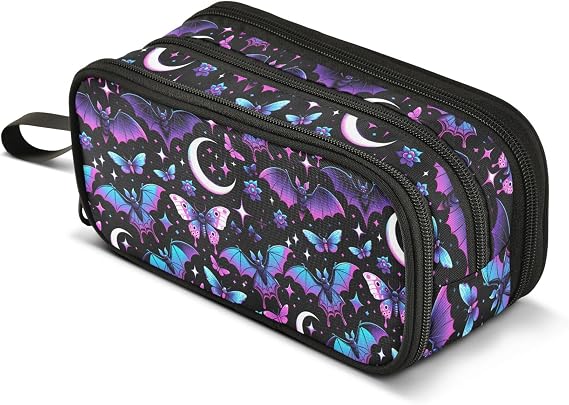 Large Pencil Case, Big Capacity Pencil Bag Pen Pouch Holder 3 Compartments, Neon Purple and Bats Stars and Moons School Office Supplies Stationery Makeup Bag Storage Organizer for Students Girls Boys