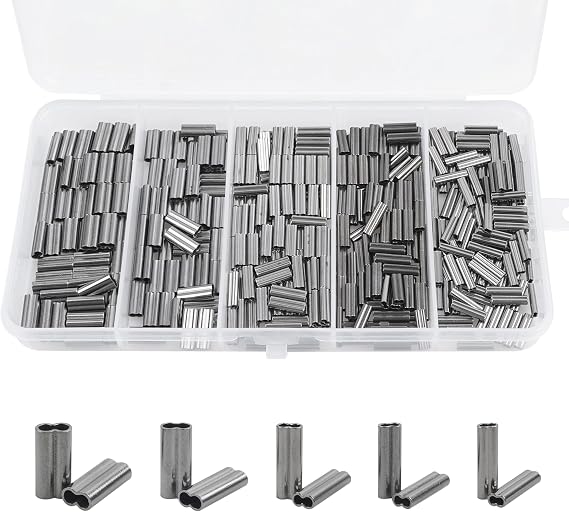 300pcs Fishing Crimp Sleeves Kit, Double Barrel Crimp Sleeves Copper Crimping Loop Sleeve Fishing Line Tube Connector Wire Leader Rigging Tackle 5 Sizes 0.8-1.8mm