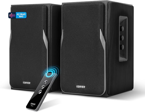 EDIFIER Studio R1380T 2.0 Shelf Speaker System (42 Watt) in Real Wood Housing (MDF). Two LINE IN Ports. Infrared Remote Control and Side Controls for Bass Treble and Volume