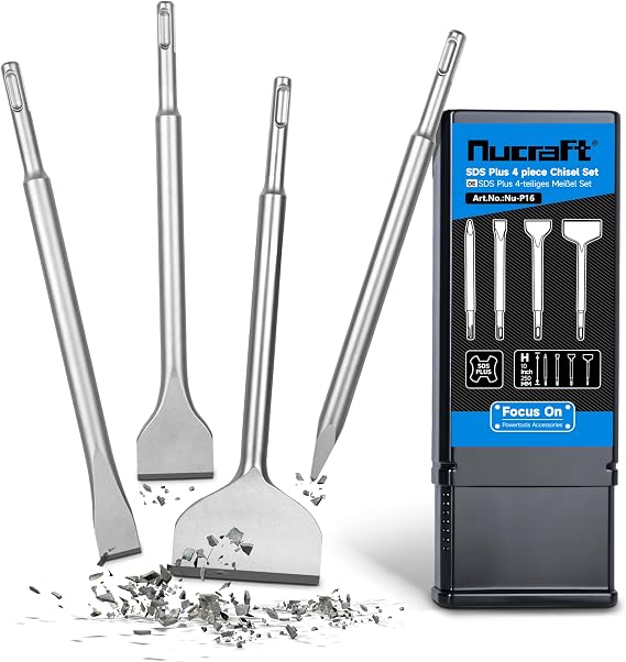 Nucraft SDS Plus Chisel Set, 4 Piece Steel Tool Set （ Wide, Flat, Pointed） Tile Chisels, Suitable for Masonry, Bricks, Walls, Granite, Concrete Rotary Hammer chisels ﻿