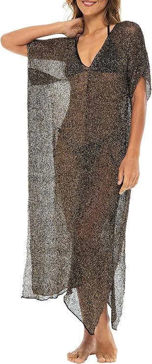 Back From Bali Womens Sheer Long Swimsuit Cover Up Sexy Pullover Metallic Mesh Knit Beach Poncho