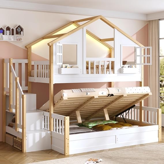 Triple Sleeper Bunk Beds with LED Lighting and Guardrails, 4ft6 Double & 3ft Single Wooden House Bed Frame with Hydraulic Lift & Storage Stairs & Shelf, Family Loft Bed for Adults Kids, White+Natural
