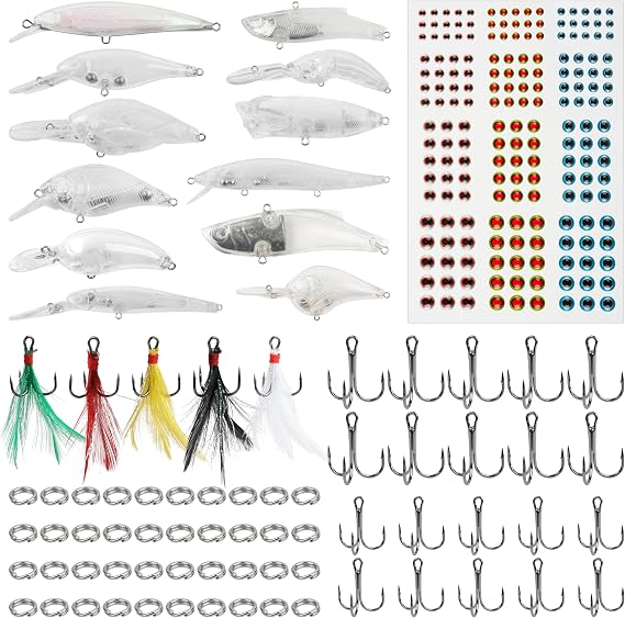 未塗装フィッシングルアーメイキングキット 260個 ルアーメイキング用品 未塗装ルアー ブランク クランクベイト ミノー ハードベイト トレブルフック付き スプリットリング 3dアイズ Diy フィッシングルアーキット
