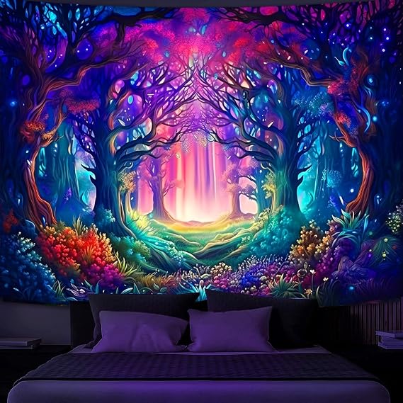 Simpkeely Blacklight Fantasy Forest Tapestry, UV Reactive Nature Magical Tree Glow Wall Hanging Tapestries for Bedroom, Living Room - 180cm x 230cm