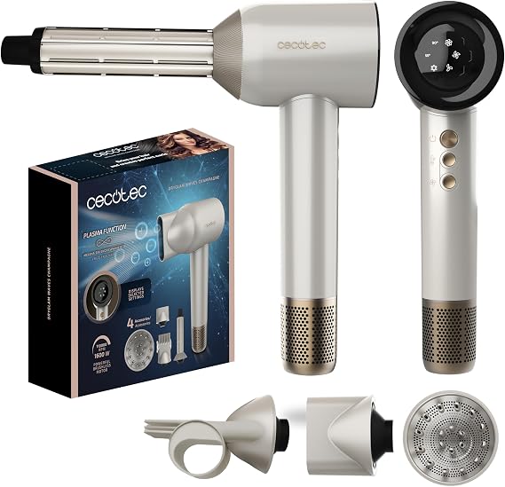 Cecotec Hairdryer Brushless Motor and Plasma Technology DryGlam Waves Champagne. 1600W, 110000RPM, 4in1 Heads, Coanda Effect, Digital Display, Intelligent Heat Control, Memory Function