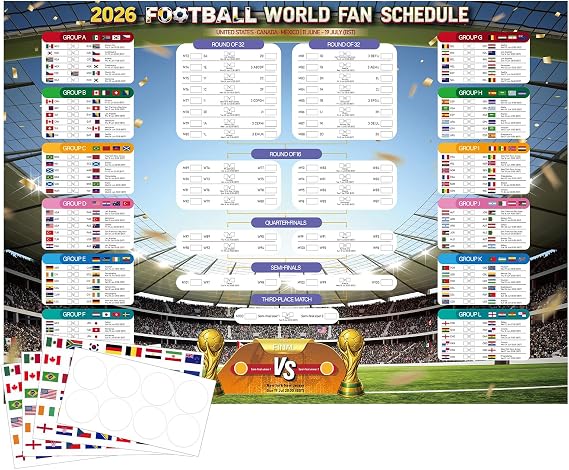HUNGBAN 98x70cm World Cup Wall Chart 2026,UK Time Based,World Cup Football 2026,Panini Soccer Collectible,Sports Wall Art For Home Fans Bedroom Decor。
