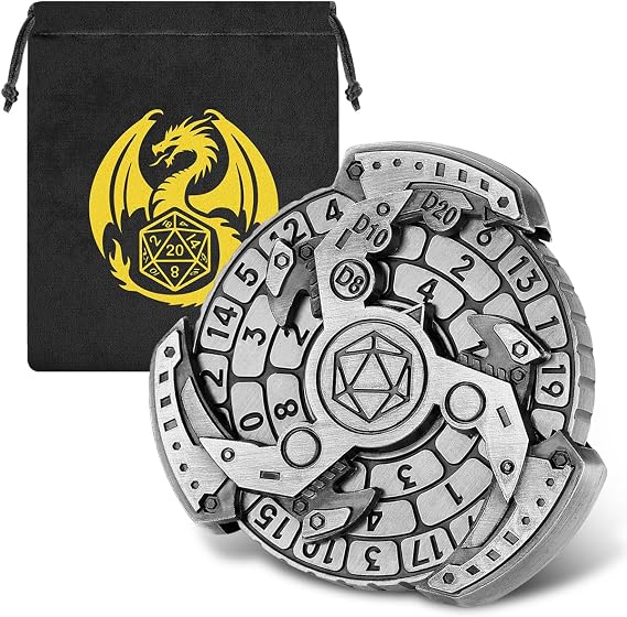 DND Wheel Dice Spiner, 7-in-1 Fingertip Gyro, DND Starter Set, 7-in-1 Metal DND Dice Set, DND Gifts with Dragon Logo Gift Bag, Tabletop Games, Role Playing Board Game Accessories, Silver ﻿