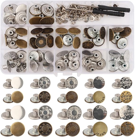 60 Pieces Buttons for Jeans and Trousers, 17 mm and 20 mm, Removable Replacement Set