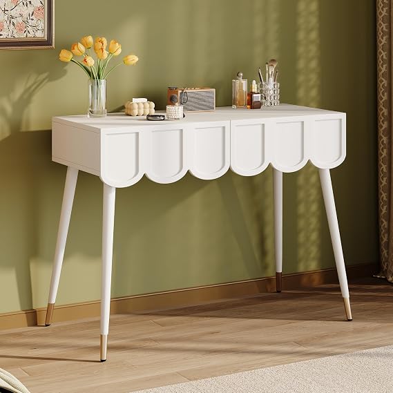 ModernLuxe White Dressing Table with 2 Cloud Shaped Drawers, Modern Vanity Table with Tapered Metal Legs, Makeup Desk and Storage Table for Bedroom, 100x40x76cm