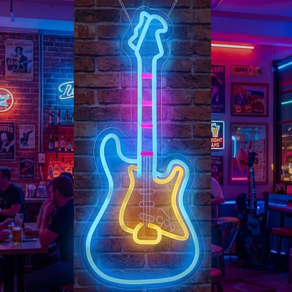 Electic Guitar Neon Light, Guitar Neon Sign, LED Wall Decor with USB Powered (6.5ft cable), Dimmable Light Gifts Aesthetic Decor for Man Cave, College Dorm, Bedroom, Music Studio