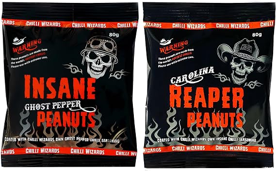Chilli Wizards Carolina Reaper and Ghost Chilli Peanuts 2 Pack Nuts Spicy Snack Protein Crunch 80g Each Packet