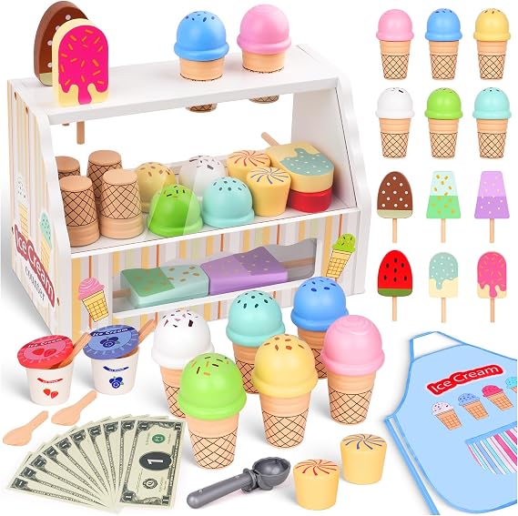 Wooden Ice Cream Toy - Ice Cream Counter Shop Playset with Apron for Kids