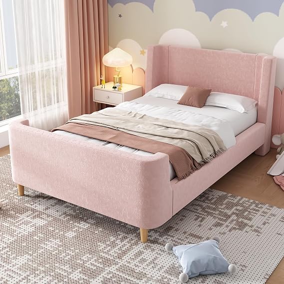 Merax 3FT Single Bed Frame 90x190cm, Velvet Upholstered Sleigh Bed with Cosmic Pattern, Modern Children's Bed for Boys, Girls and Teenagers, Pink (No Mattress)