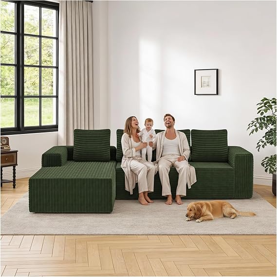 Modern LShaped Corner Sofa Soft Corduroy Upholstery Comfortable & Durable Design Easy to Clean Ideal for Living Room & Bedroom (Green)