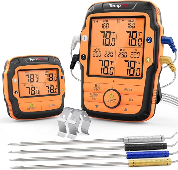 ThermoPro TP27C Kablosuz Profesyonel Barbekü ve Fırın Termometresi, 4 Problu ve 150 Metre Menzilli Et Isı Ölçer (Alarmlı)