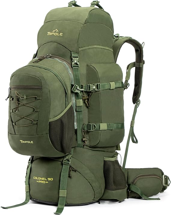 TRIPOLE Colonel 90L Travel Backpack with Detachable 15L Daypack – Waterproof Hiking Rucksack for Women and Men for Camping & Trekking, Internal Frame, Rain Cover, Army Green