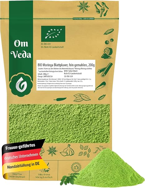 Organic Moringa Powder Leaf Powder Moringa Powder Finely Ground Moringa Oleifera Organic Certified DE-ÖKO-039 Moringa Powder For Smoothies and Tea OmVeda (200g)