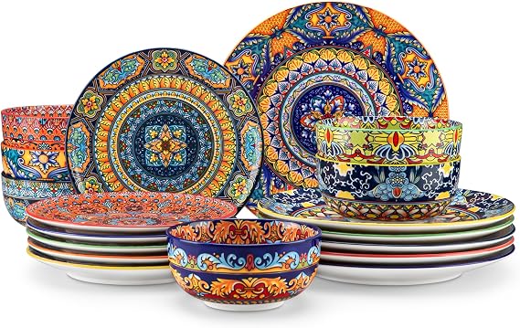 vancasso KRVI 18 Piece Dinnerware Set for 6, Bohemian Ceramic Plates and Bowls Set, Porcelain Dinner Set with Dinner Plates, Side Plates and Bowls