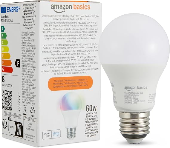 Amazon Basics Smart Multicolor LED Light Bulb, E27 Base, 8W (60W Equivalent), Works with Alexa Only, 1 Pack [Energy Class F]