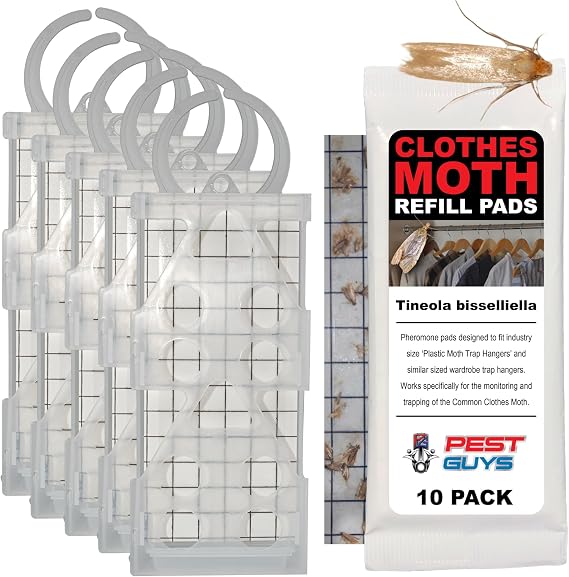 PG Moth Killer Pheromone Traps for Wardrobes and Clothes, 10 Refill Pads and 5 Reusable Hangers, Effective Moth Treatment, OEM Quality