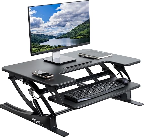 VIVO Black Height Adjustable 81 cm Stand Up Desk Converter, Quick Sit to Stand Tabletop Dual Monitor Riser Workstation, DESK-V000VS