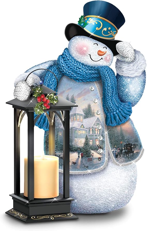 The Bradford Exchange - 'Holiday Greetings' Tabletop Snowman Lantern - Thomas Kinkade With Music And Light Up Candle