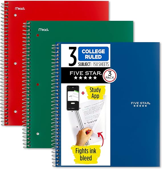 Five Star Spiral Defter + Çalışma Uygulaması, 3'lü Paket, 3'lü Konu, Kolej Çizgili Kağıt, Mücadele Mürekkep Kanaması, Suya Dayanıklı Kapak, 8-1/2 "x 11", 150 Yaprak, Yeşil, Kırmızı, Mavi (820193)