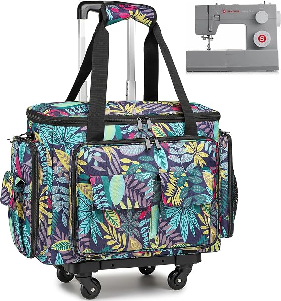 Sewing Machine Case with Wheels - Rolling Sewing Machine Tote with Removable Bottom Pad & Multiple Storage Pockets, Compatible with Singer & Brother (Floral)