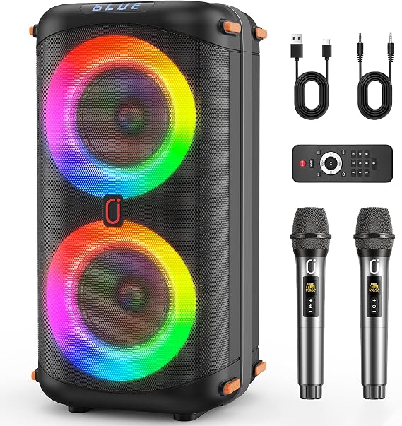 Karaoke Machine with 2 Wireless Microphones, Portable Bluetooth Karaoke Speaker for Adults, Big Party PA System with Dicso Lights & Dual 6.5" Stage Subwoofers for Home Outdoor (300W)