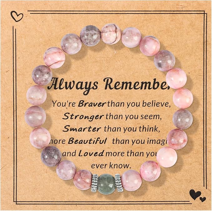 MOXYOY Beaded Bracelets for Women,Natural Stone Healing Crystal Bracelets,Stretch Pink Zebra Bracelet,Good Luck Crystal Bracelet,Healing Crystals,Gifts for Women (with Encourage Quote Card)