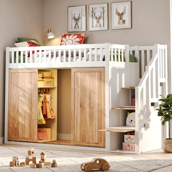 3ft Single High Sleeper Bunk Bed for Kids, Solid Pine Wood Loft Bed Frame with LED Lighting&Wardrobe&Storage Stairs, Children's Bed Storage Beds with Safety Guardrails&Slatted Frame, White+Natural