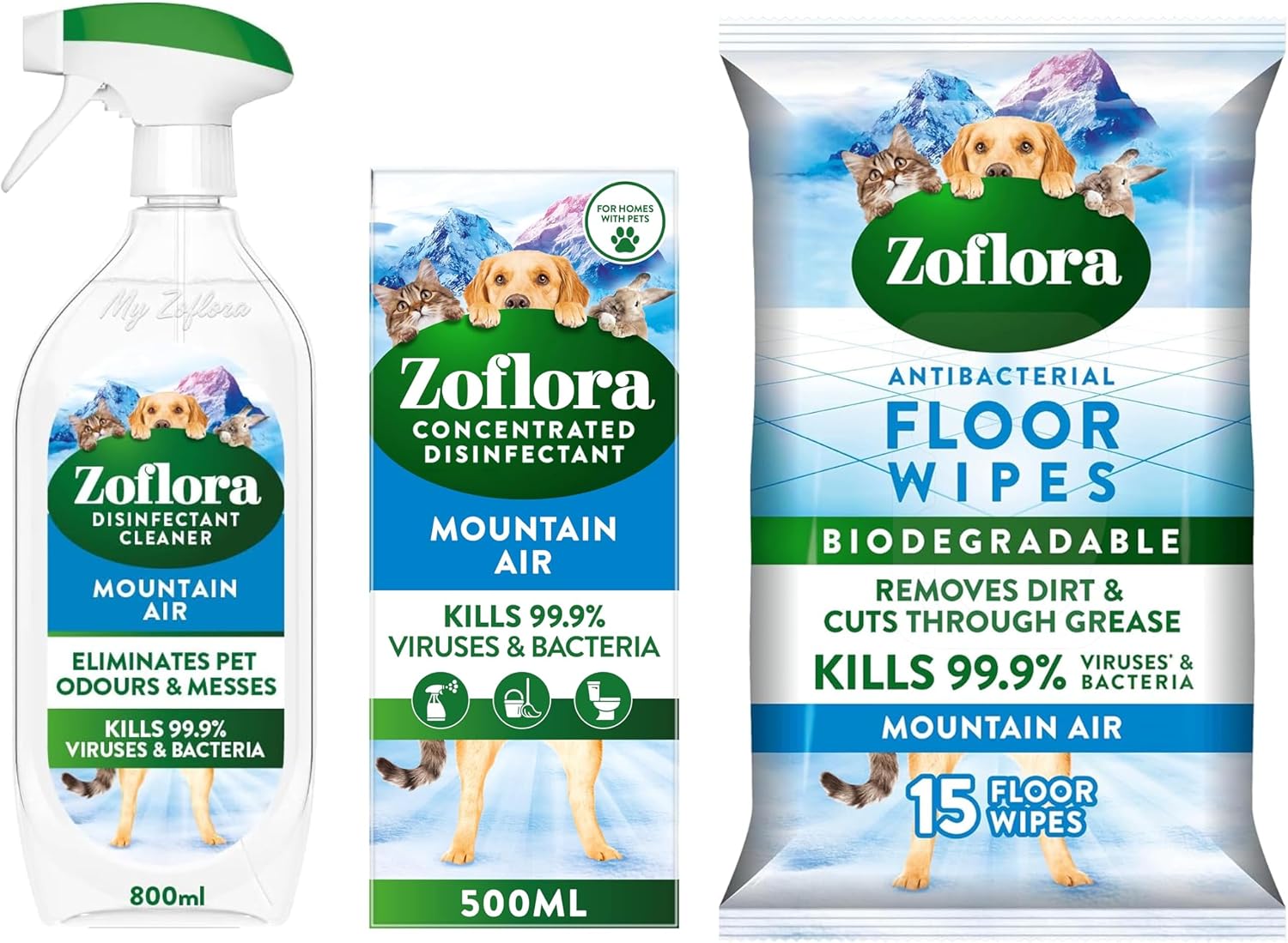 Zoflora Mountain Air Bundle - Multipurpose Disinfectant Trigger Spray, 1 x 800ml, Concentrated Disinfected Liquid, Biodegradable Wipes. (One of each)