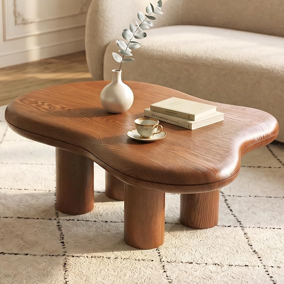 Guyii Cloud-Shaped Coffee Table, Modern Sofa Table with 4 Legs, Walnut Finish Center Table, Small Irregular Tea Table for Living Room, Bedroom, Easy Assembly