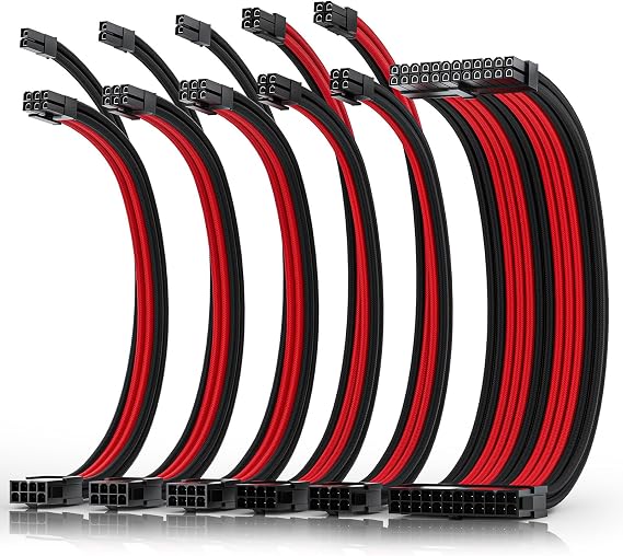 AsiaHorse 16AWG PSU Extension Cable 6 Kit Red and Black, 30CM Sleeved Custom PC Power Supply Cables, Soft Braided 1x 24Pin ATX, 2x EPS 4+4 Pin, 3x PCI-E 6+2 Pin, with Cable Combs for Cable Management