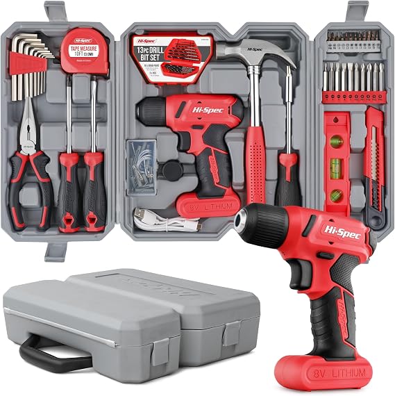Hi-Spec Werkzeugset in Rot mit 8V USB Bohrmaschine mit Akku.