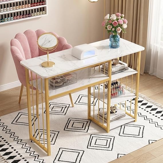 Manicure Table, Modern Nail Salon Desk, Marble Manicure Station with Multiple Open Shelves, Manicure Table for Beauty Salons, Spa, Home (White)