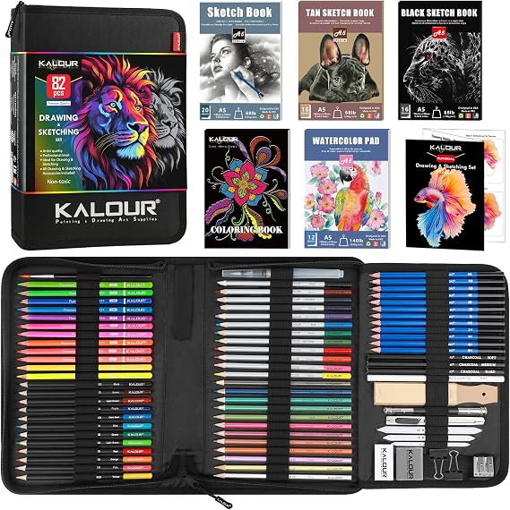 KALOUR PDAS 82 Character Set Sketch Set Pro Art Supplies with Neon Colouring Pencils Watercolour Metallic Graphite and Charcoal Pens 5 Sketchbooks and Colouring Book Gift for Adults Teenagers