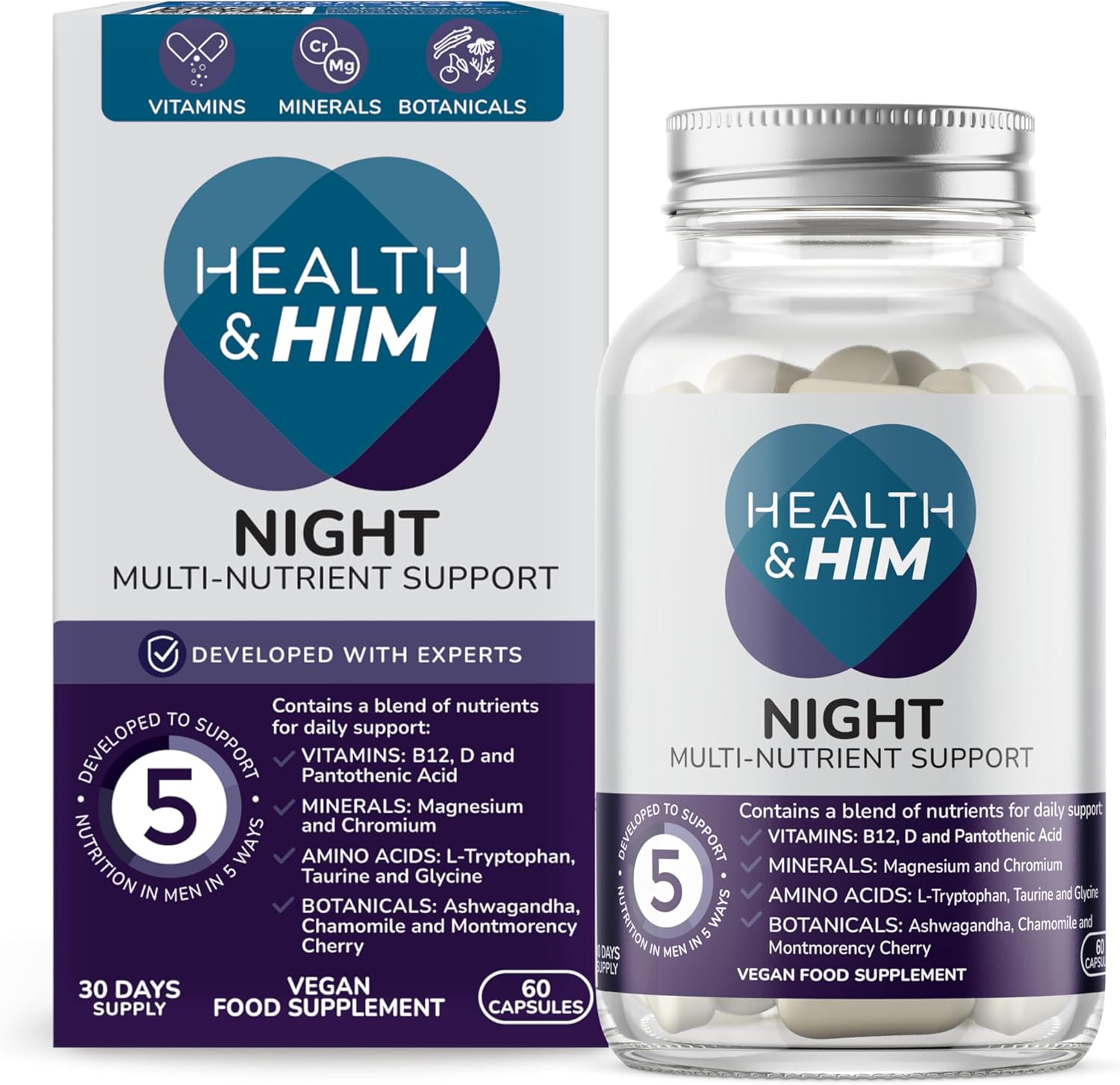 Health &amp; Him Night Supplements for Men - 60 Capsules - Men's Multivitamin with Magnesium, Ashwagandha &amp; Chamomile - Vegan, Gluten-Free