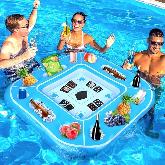 Large Floating Pool Games Table with Waterproof Playing Cards Pool Accessories Hot Tub Tray Card Table Tray Inflatable Food Drink Holder Cooler Containers for Beach Summer Party Indoor Outdoor