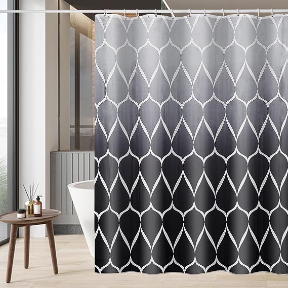 Extra Wide Weighted Shower Curtain 240 x 200 cm, Anti-Mould Waterproof Textile 130GSM Polyester Fabric, Machine Washable with 12 Rings & Grey Black Gradient Wave Pattern