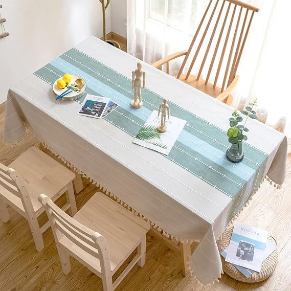 Table Cloth Tassel Cotton Linen Table Cover for Kitchen Wrinkle Free Table ClothsRectangle/Oblong((green+blue) tassel tablecloth,90 * 90cm)