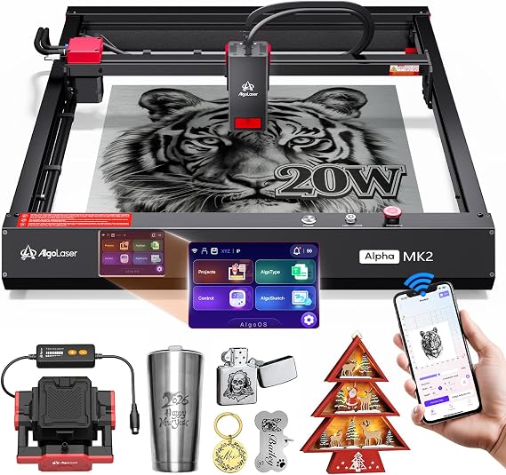 Algolaser Alpha MK2 Laser Engraver Machine - 20W Laser Cutter/Engraver with Smart Air Pump - 3.5"Smart TouchScreen & AlgoOS Laser Engraving Machine,DIY Laser Engraver Tool for Wood,Metal,Glass,Leather