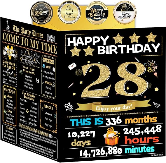 Joycard 28歳の誕生日カード、28歳の誕生日デコレーション、女性、男性用、ブラック&ゴールドの誕生日プレゼント、彼女にぴったりのハッピーバースデーカード 封筒付き 28歳の娘 息子