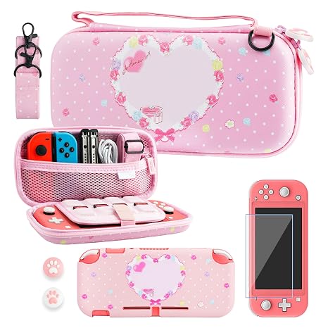 RHOTALL Carrying Case for Nintendo Switch Lite Cute TPU Cover with Adjustable Shoulder Strap Screen Protector and Thumb Caps Pink Rabbit