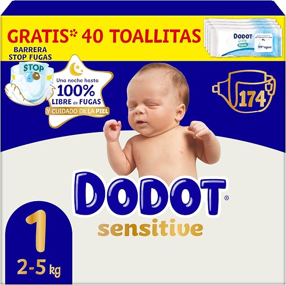 Dodot Sensitive Talla 1, 174 Pañales Para Bebé, 2kg-5kg, Hasta 12 h De Protección Antifugas y Protección Para La Piel
