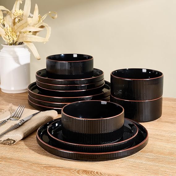 Richmount Star Dinner Set for 4, 12-Piece Modern Porcelain Plates and Bowls Set with Rust-Red Trim, Chip Resistant Dinnerware, Microwave & Dishwasher Safe, Ceramic Dish Set Service for 4, Black
