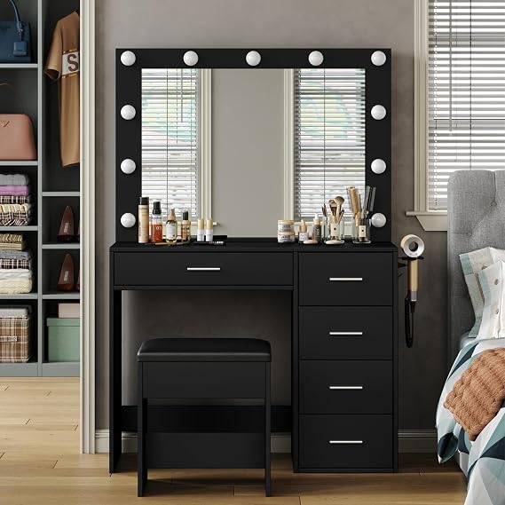 FUSOU 94CM Dressing Table with Mirror & LED Lights, Makeup Vanity with Power Outlet & USB, 3 Lighting Modes, Dressing Table with 5 Drawers & Stool for Bedroom, Black
