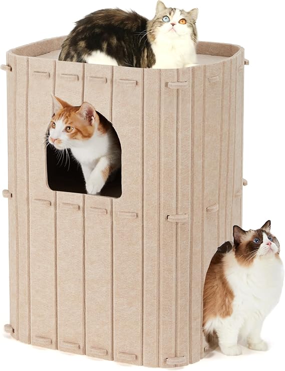 FUKUMARU Stable Felt Cat Cave 3-Layer Bed for Sleeping, Playing and Hiding Beige 45 x 37 x 60 cm, Large, Beige
