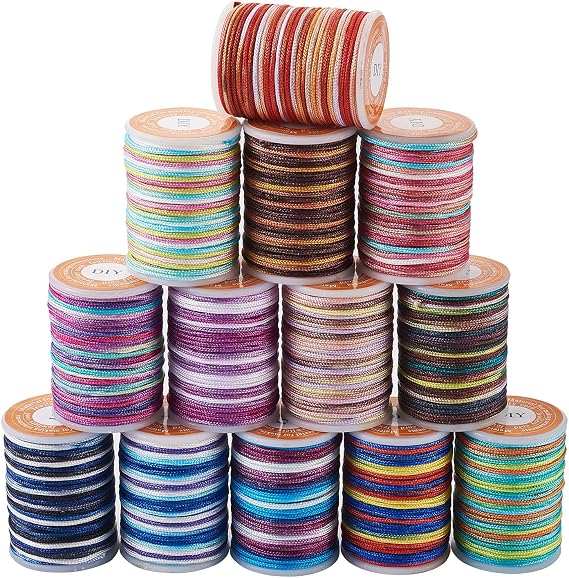 Cheriswelry 1mm Polyester Cord Thread, 13 Rolls Rainbow Colors Braided Beading String Rope Trim with Spool for Jewelry Making Chinese Knotting Kumihimo Macramé